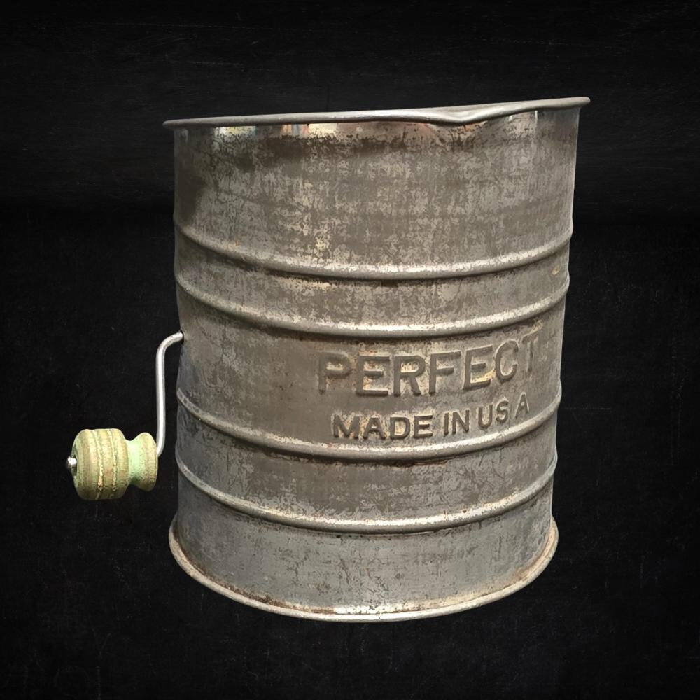 Vintage PERFECT Flour Sifter Made in USA Hand Crank Chippy Green Farmhouse Decor